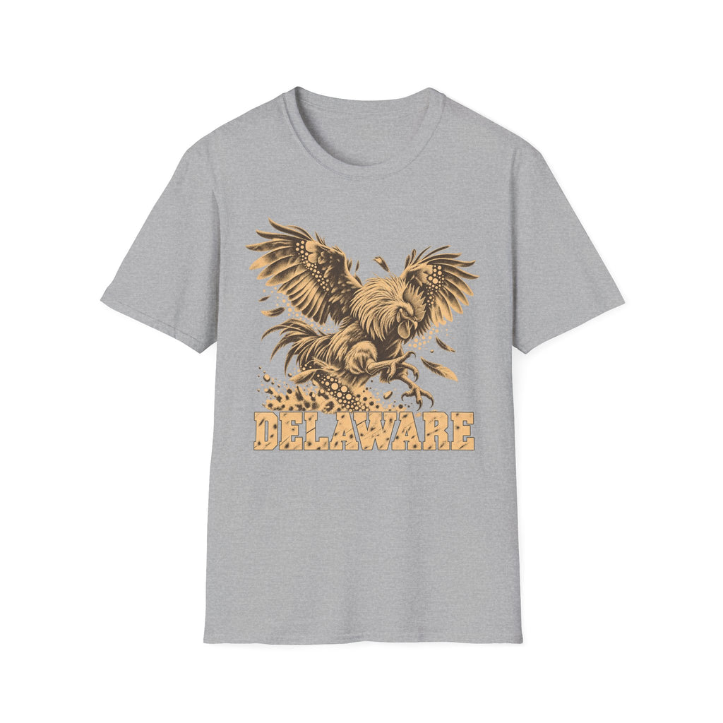 Light gray t-shirt with golden soaring eagle and DELAWARE front graphic