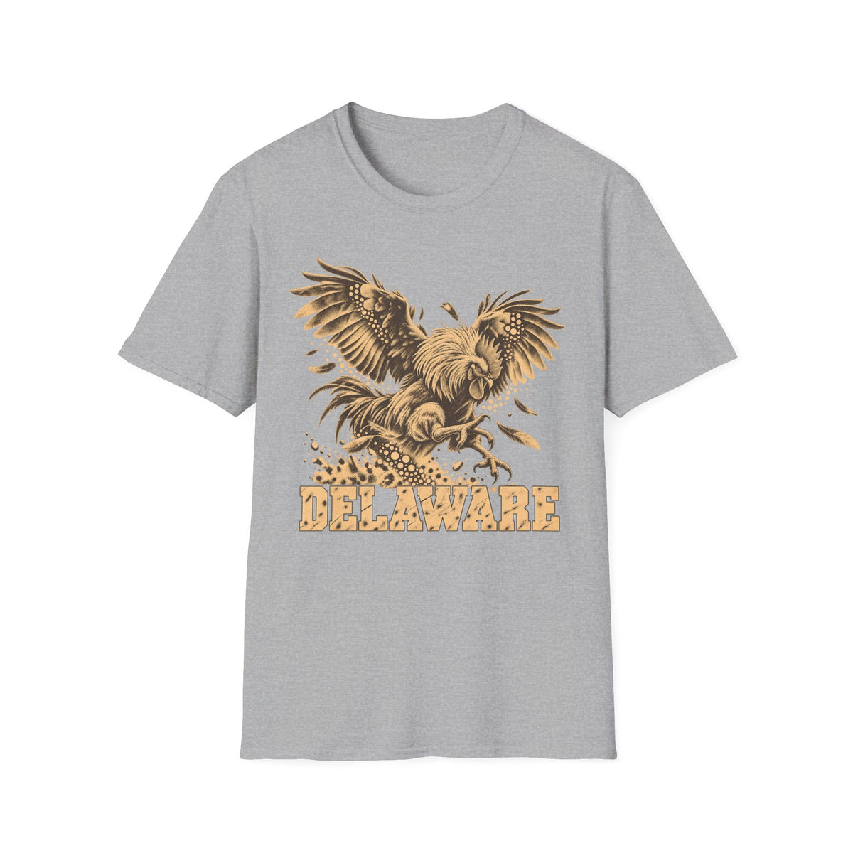 Light gray t-shirt with golden soaring eagle and DELAWARE front graphic