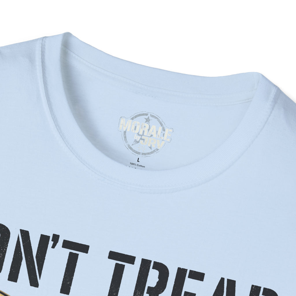 Light blue T-shirt with small chest logo and partial “DON’T TREAD ON ME”