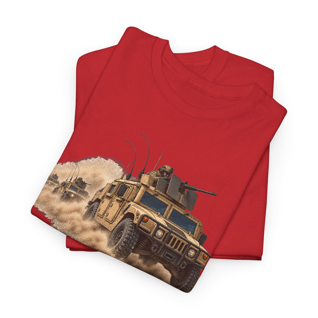 Red crew-neck T-shirt with armored vehicle desert graphic on front.