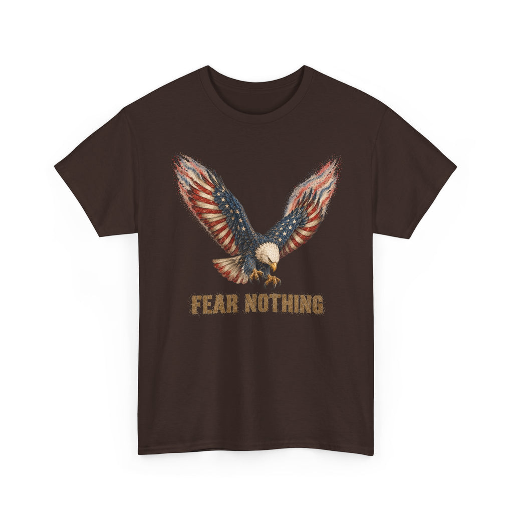 Dark brown t-shirt with eagle graphic and “FEAR NOTHING” text on front
