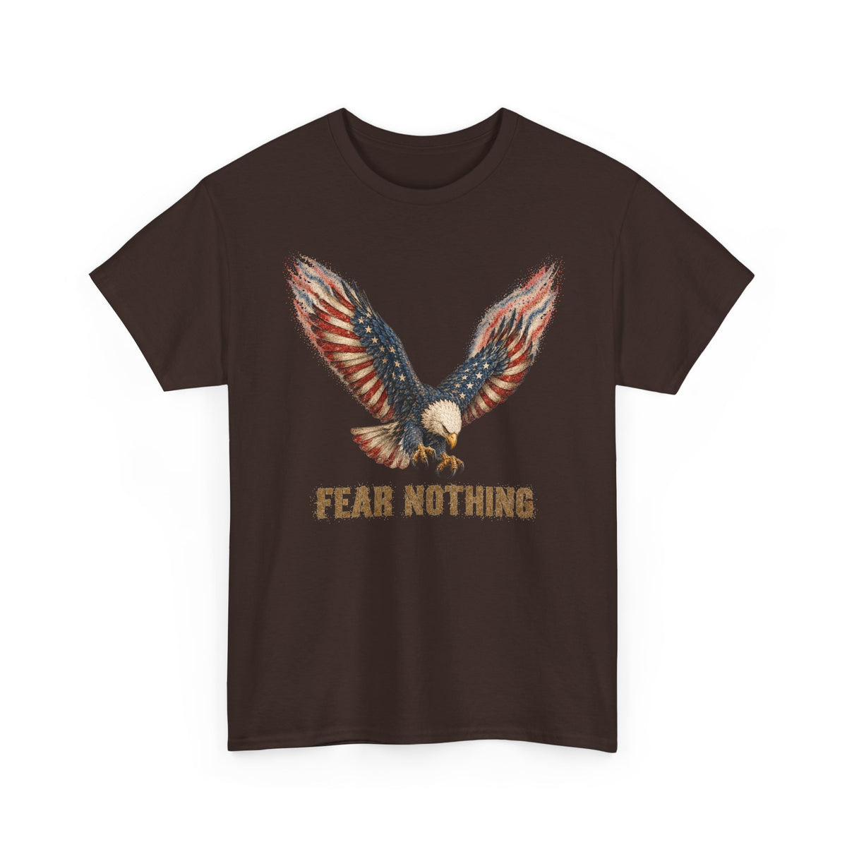 Dark brown t-shirt with eagle graphic and “FEAR NOTHING” text on front