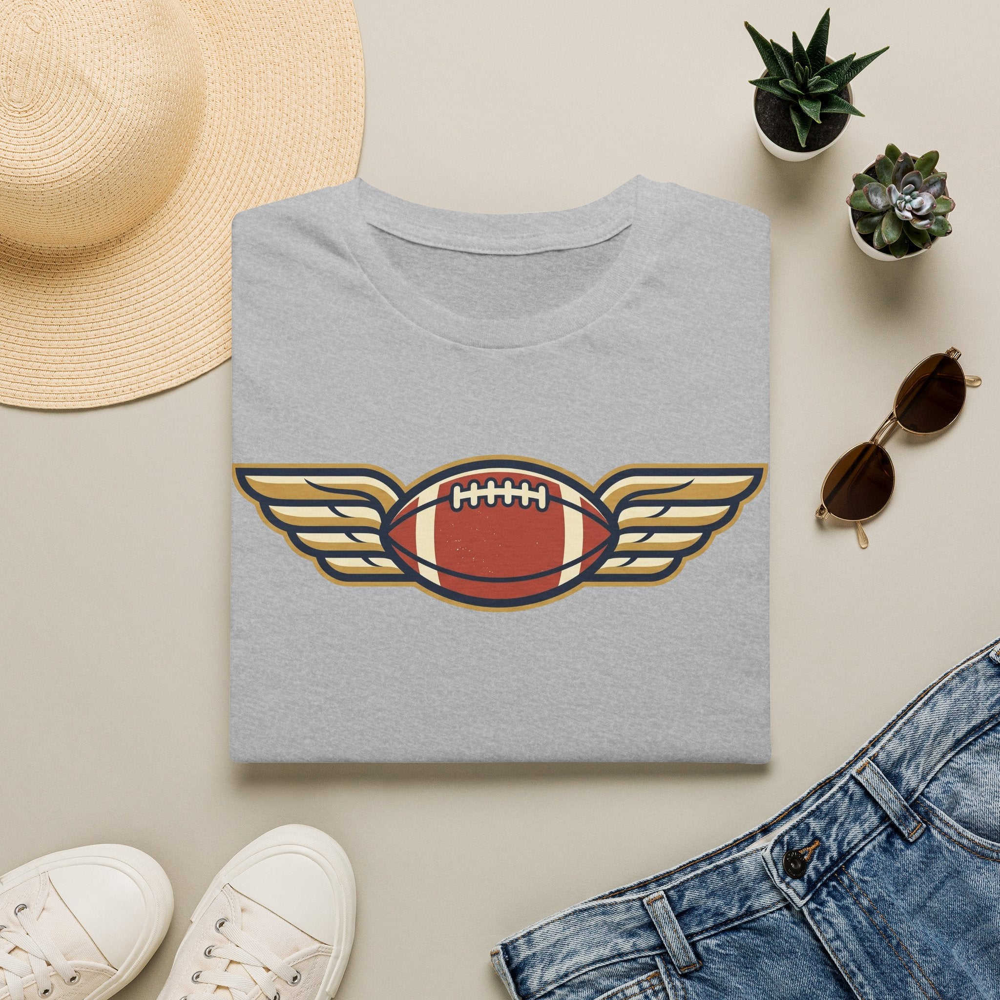 Light gray crewneck t-shirt with winged football graphic on the chest