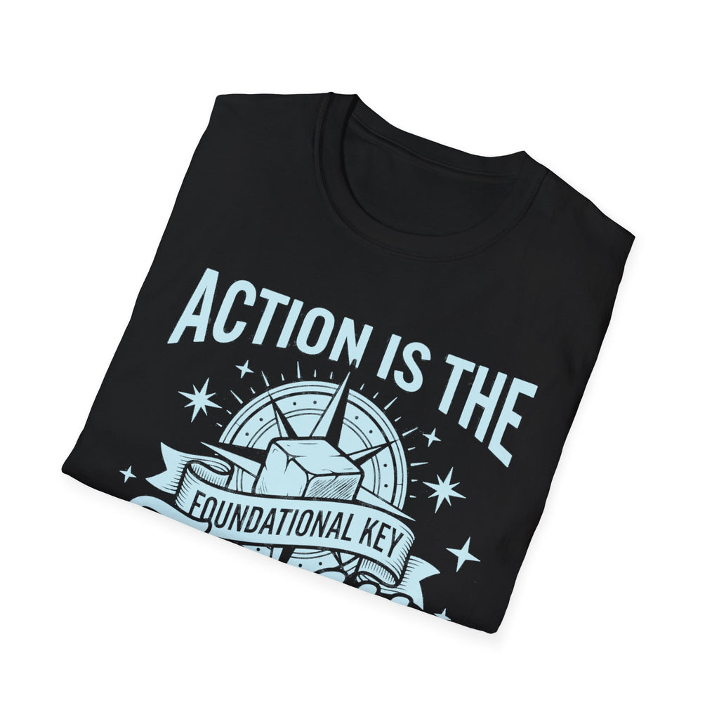 Black T-shirt folded flat, front quote graphic 'Action is the' visible