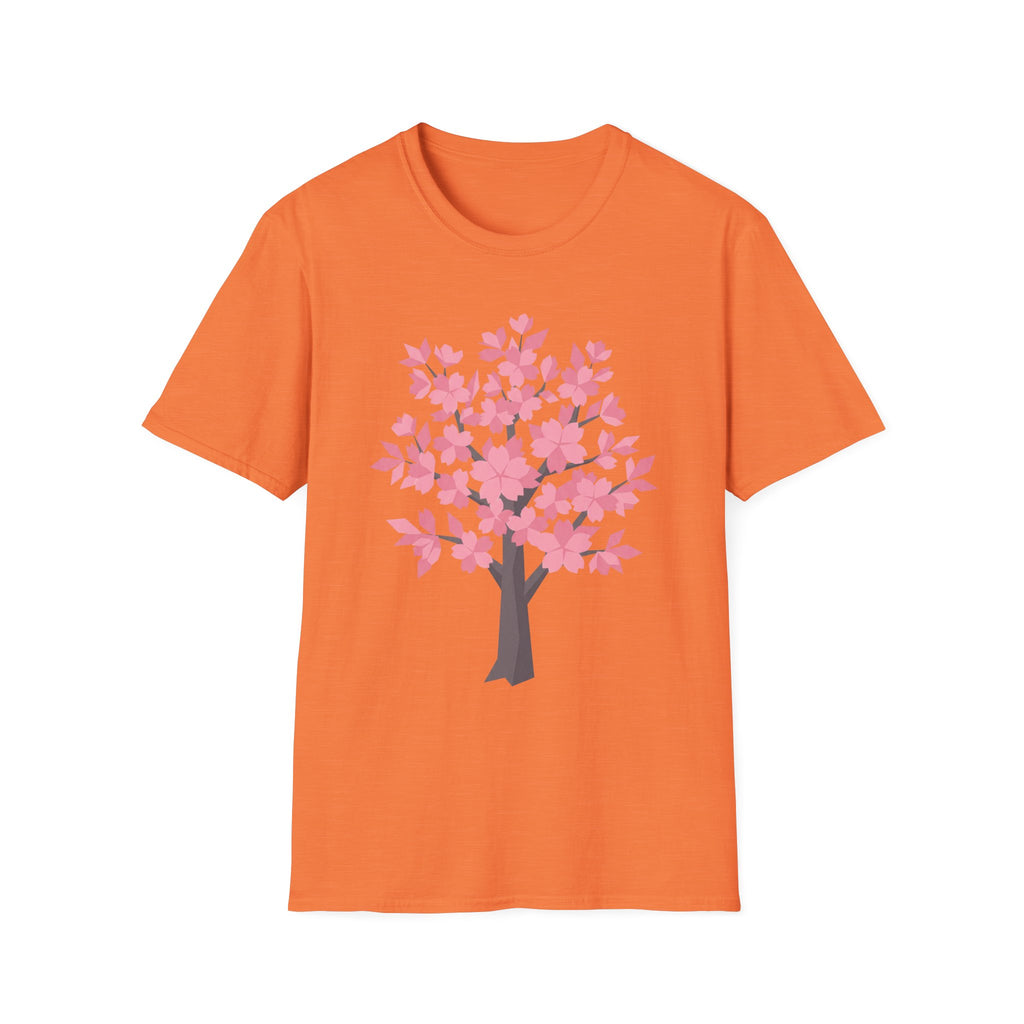 Cherry blossom tree T-shirt, pink floral design on orange front