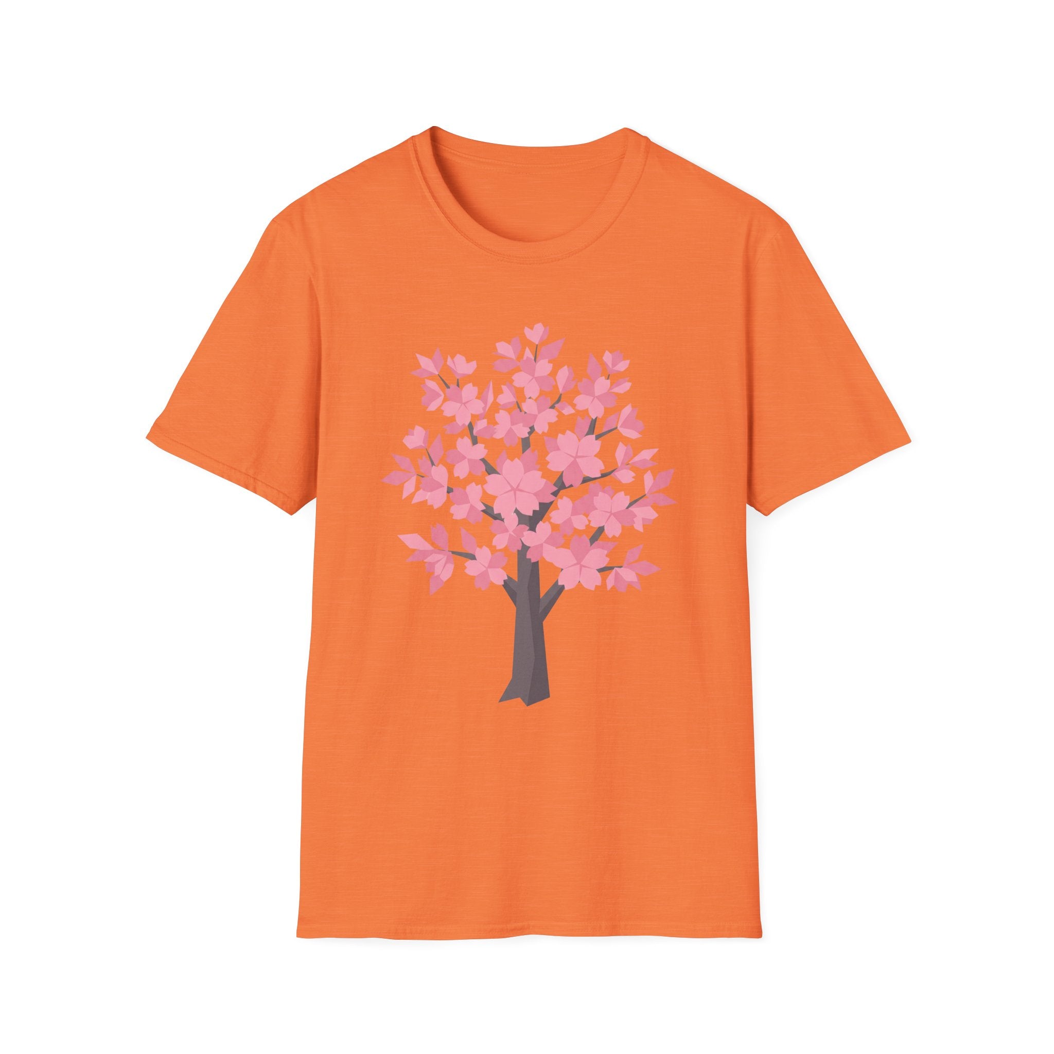 Cherry blossom tree T-shirt, pink floral design on orange front