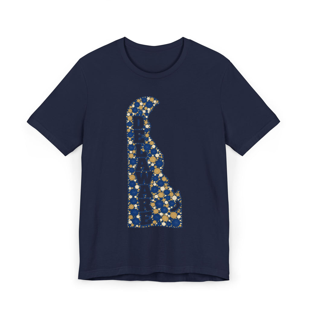 Navy Delaware state silhouette t-shirt with blue and gold patterned Delaware map graphic