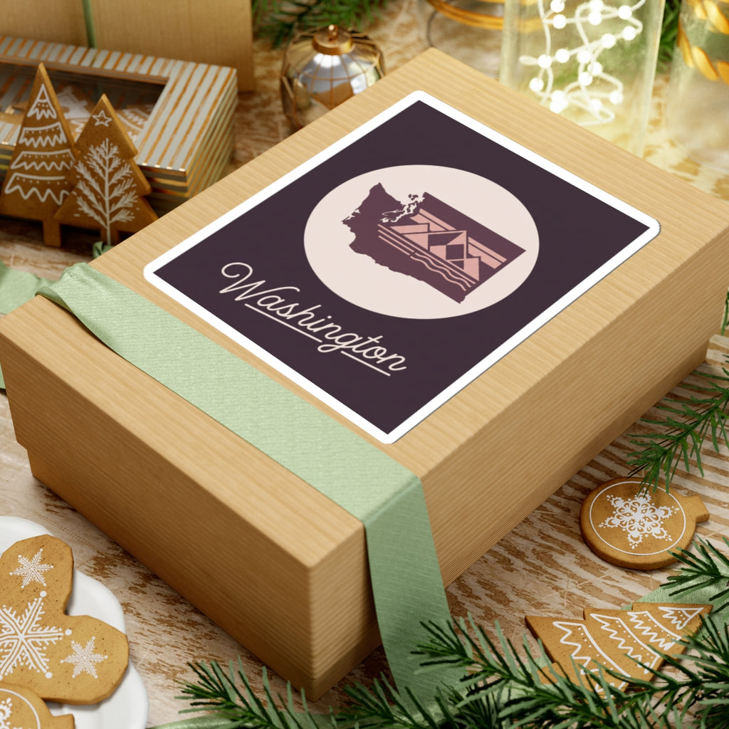 Washington state sticker on a gift box lid, square border with round emblem and "Washington"