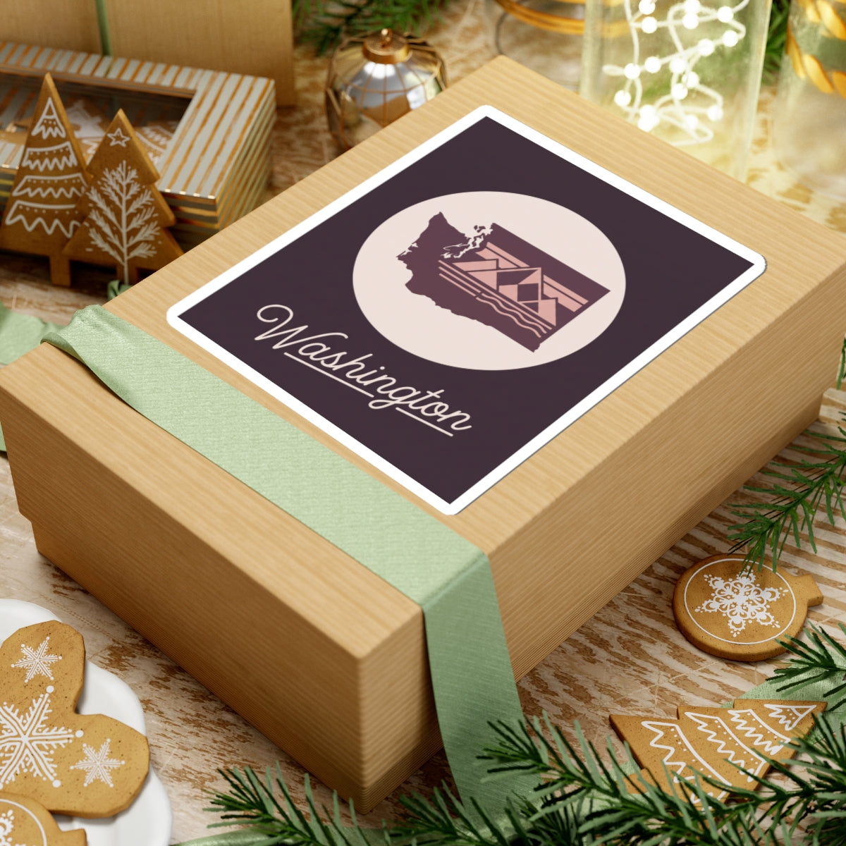 Washington state sticker on a gift box lid, square border with round emblem and "Washington"