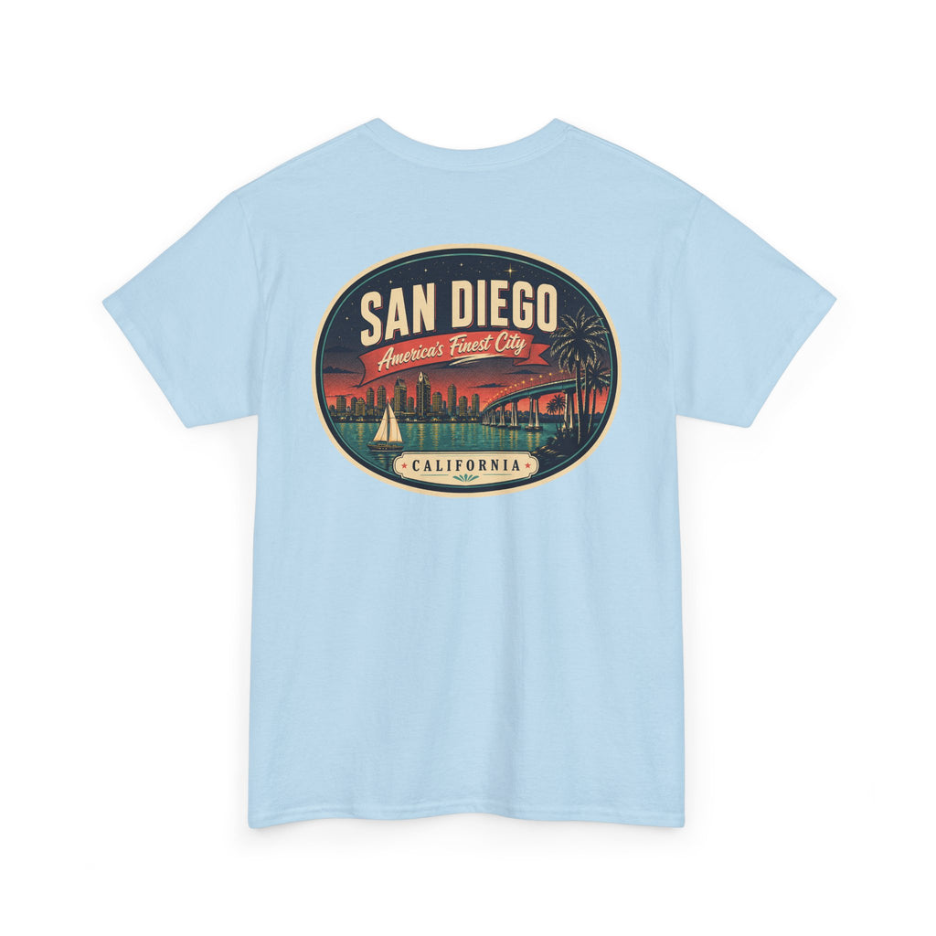 Light blue T-shirt with large San Diego city scene oval graphic on back