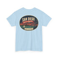 Light blue T-shirt with large San Diego city scene oval graphic on back