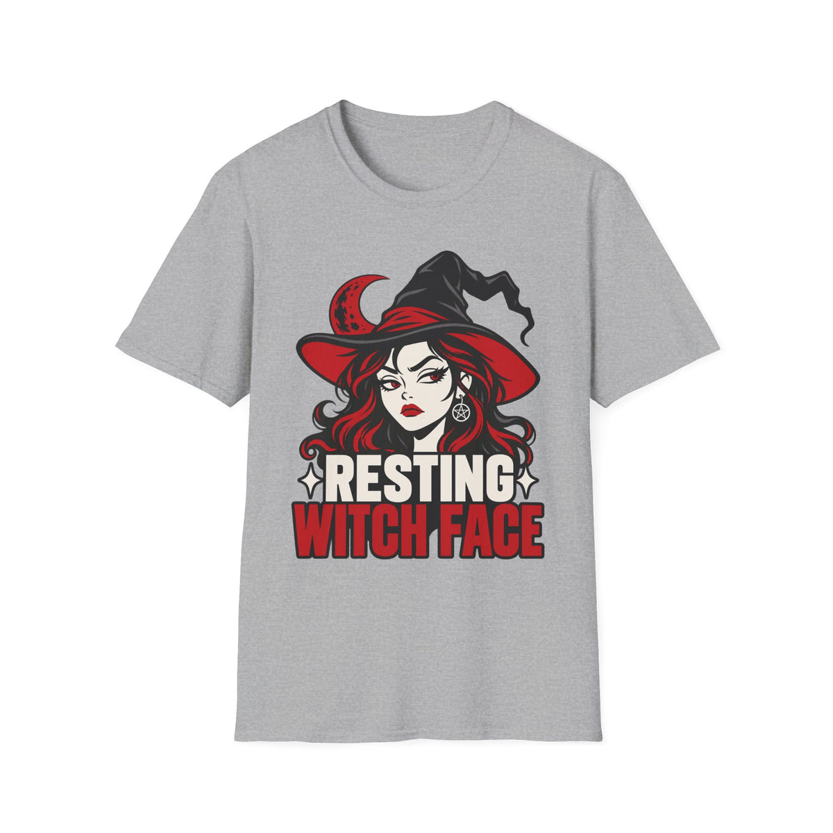 Gray Halloween T-shirt with resting witch face graphic
