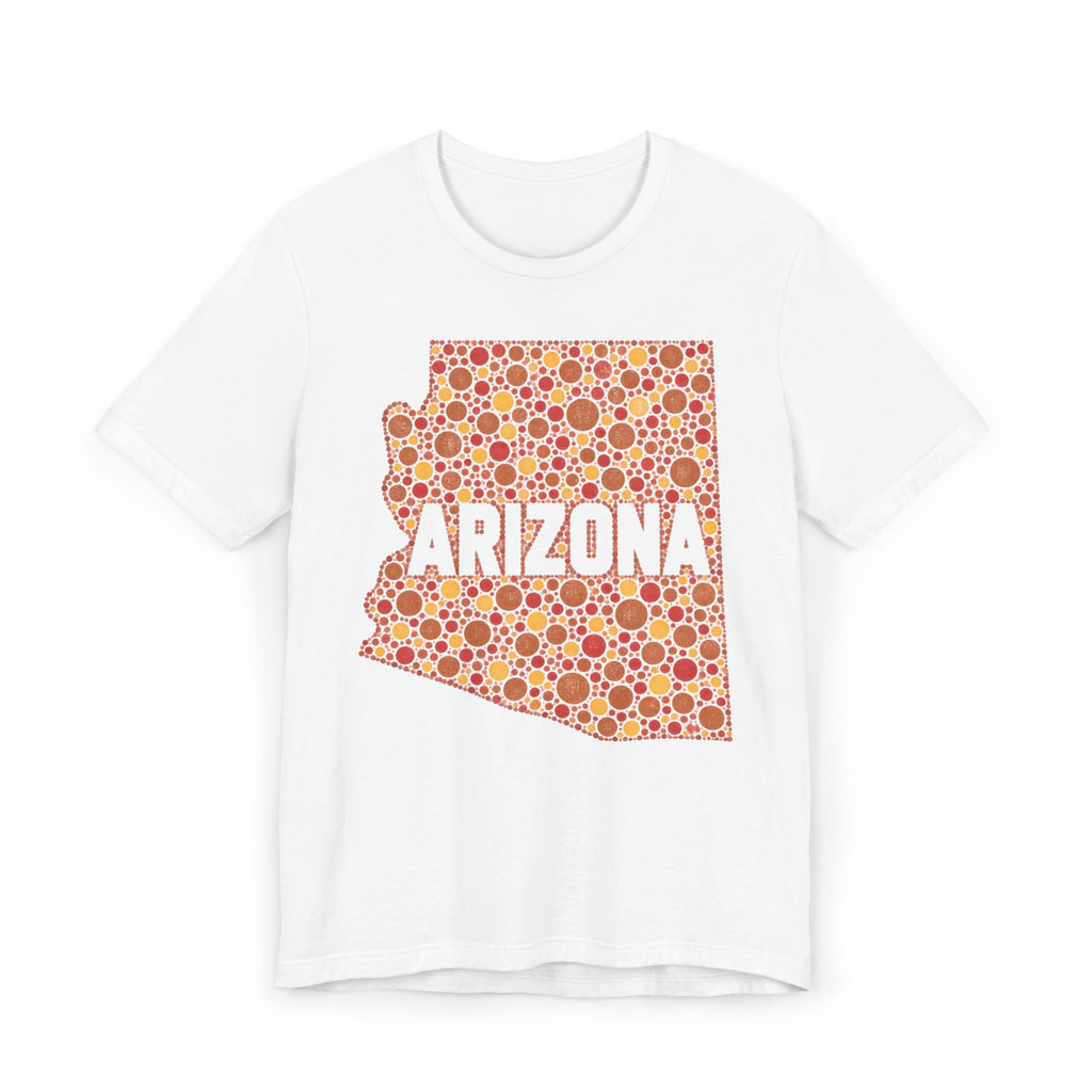 White short-sleeve T-shirt with orange Arizona patterned graphic