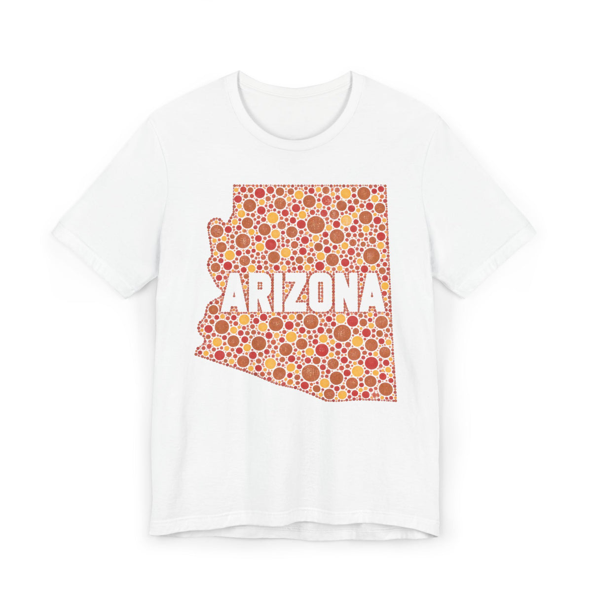 White short-sleeve T-shirt with orange Arizona patterned graphic