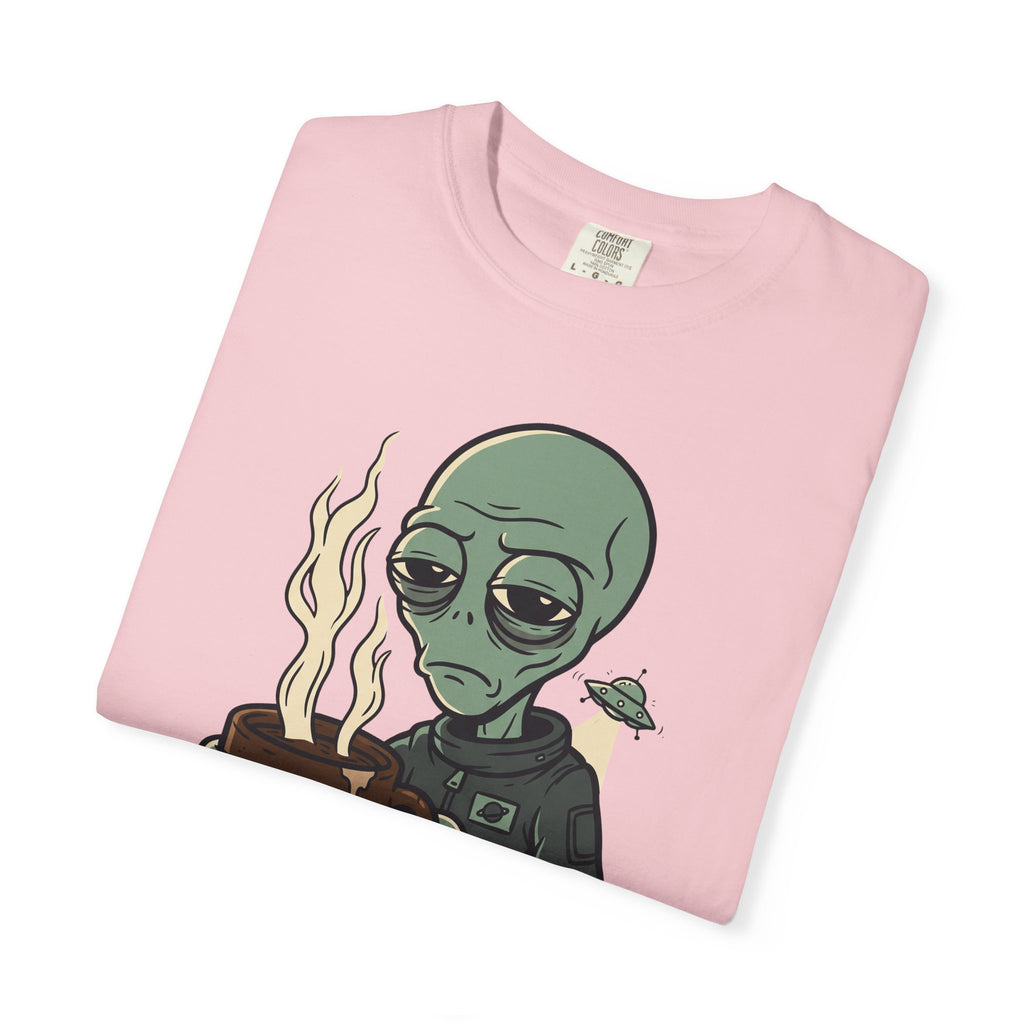Pink T-shirt with alien holding coffee graphic and 'PROBE ME' text