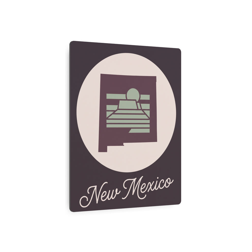 Rectangular metal wall art with New Mexico emblem and cursive script, sage green details