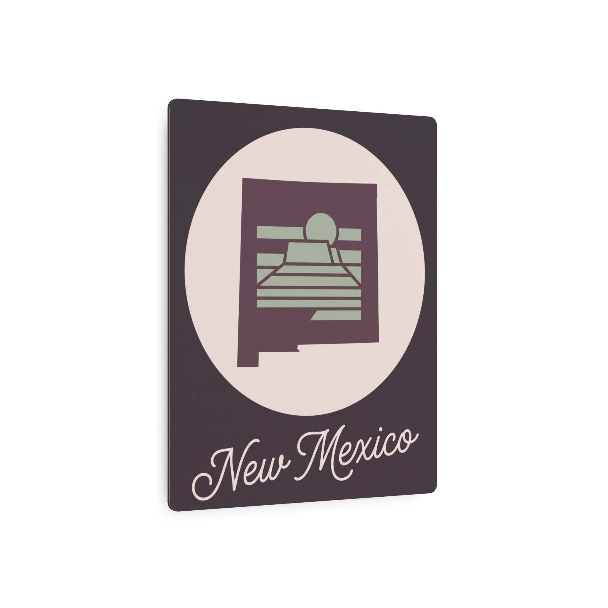 Rectangular metal wall art with New Mexico emblem and cursive script, sage green details