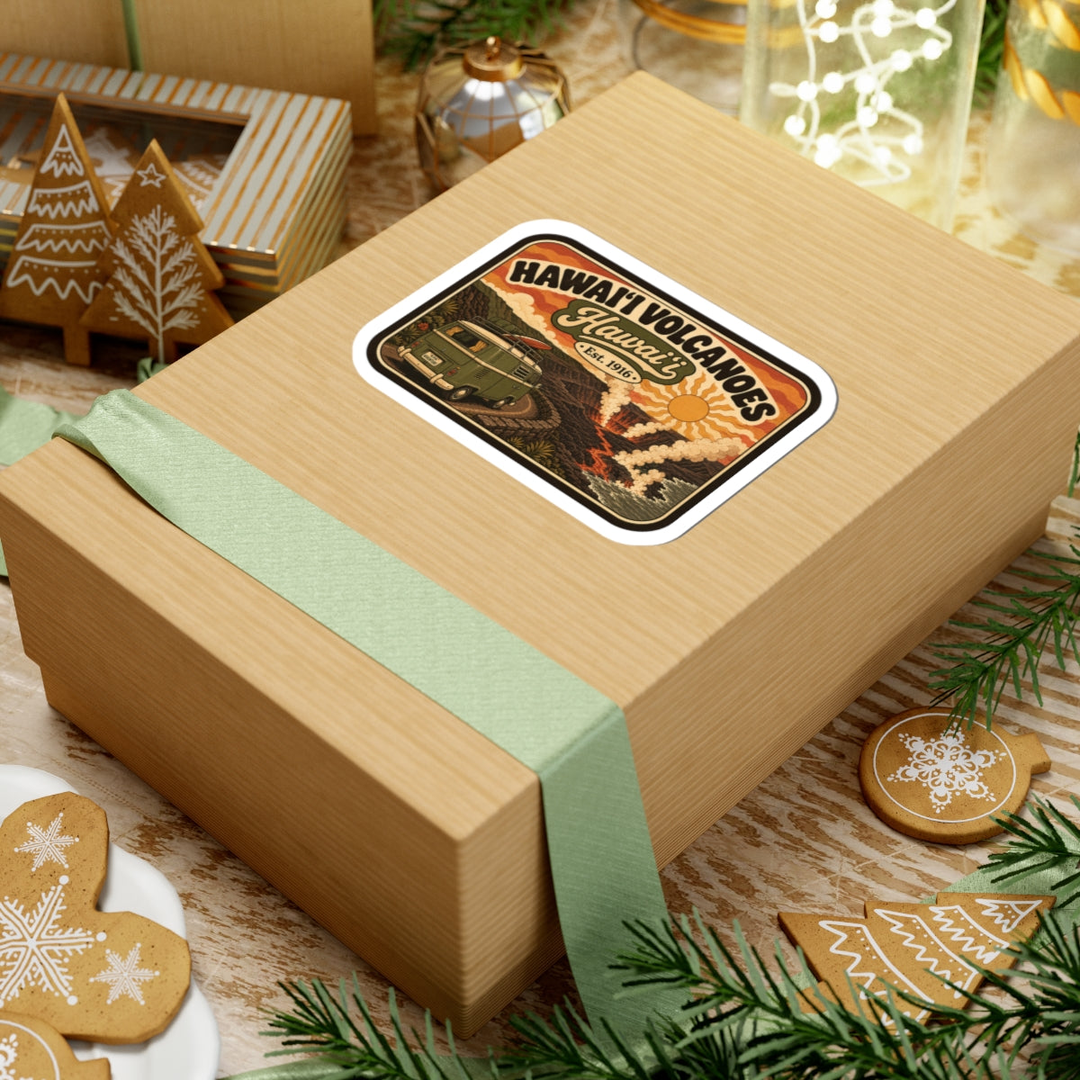 Kiss-cut travel sticker with vintage Hawaii Volcanoes design on wrapped gift box