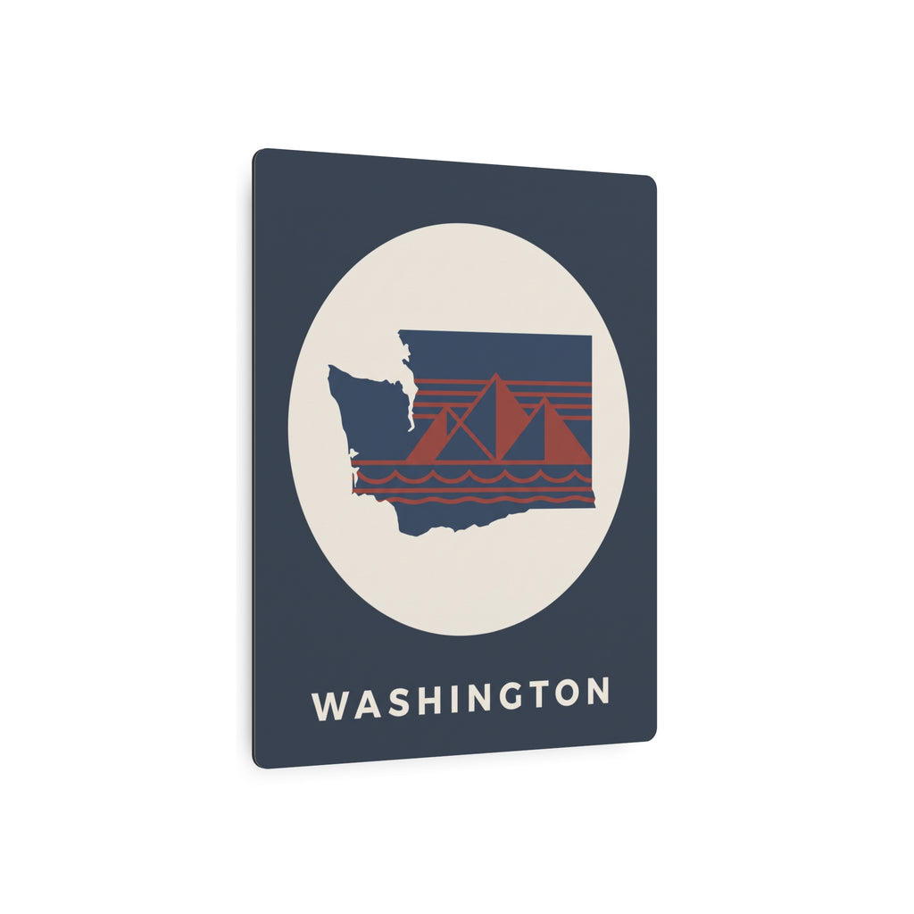 Nautical metal wall art sign with square navy background, Washington silhouette and sailboat