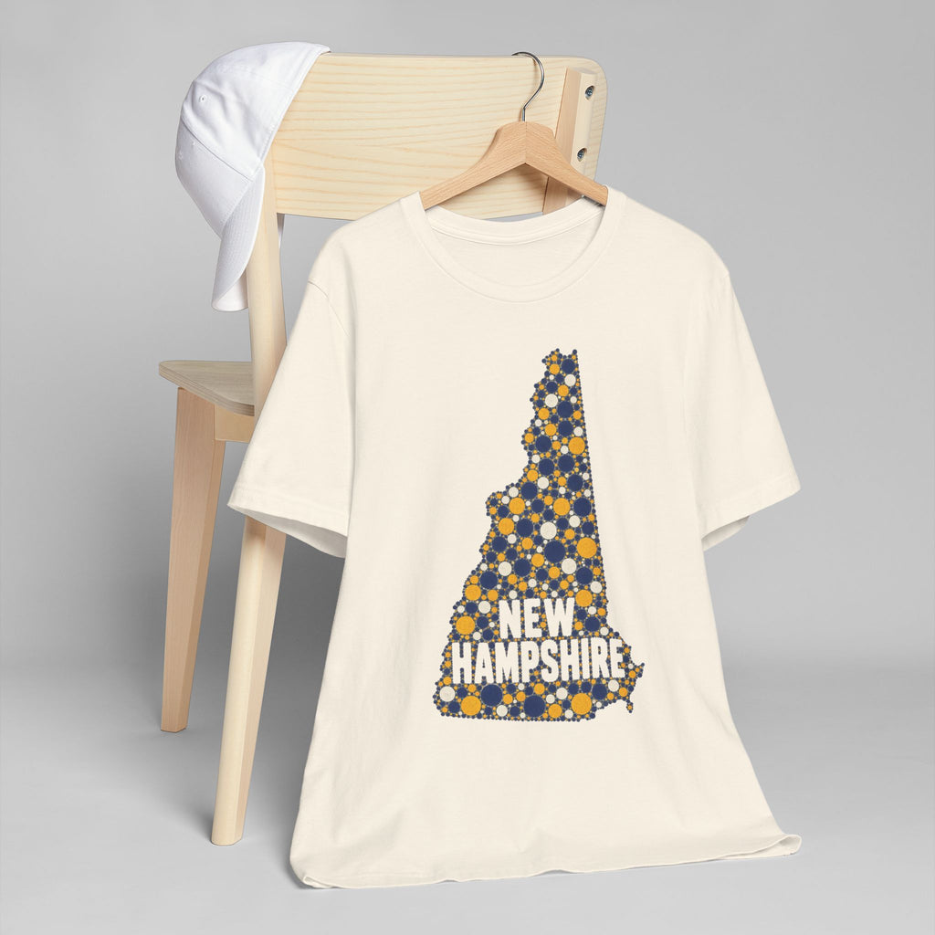 Natural T-shirt with blue and yellow tree graphic and New Hampshire text
