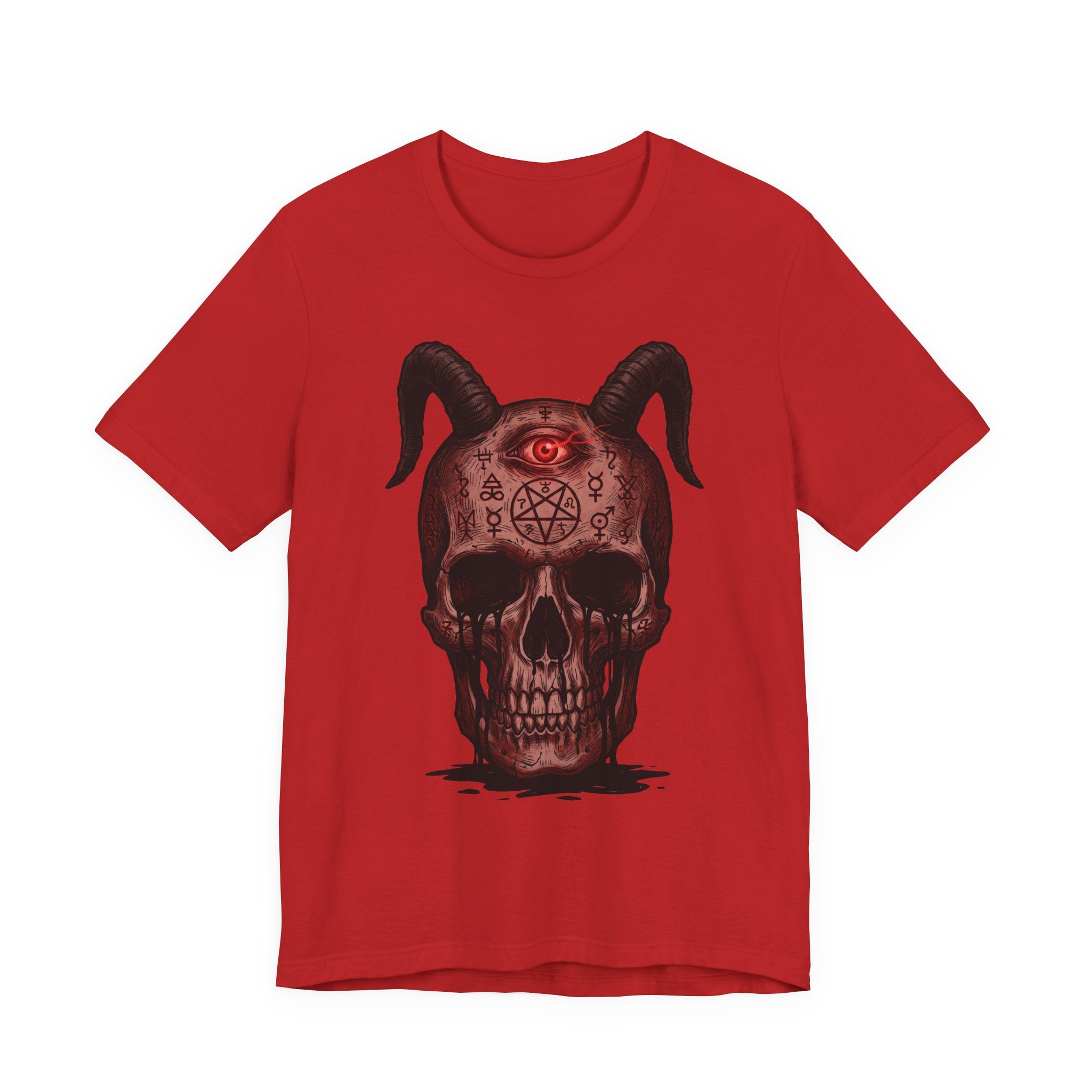 Red unisex T-shirt with horned skull demon eye graphic