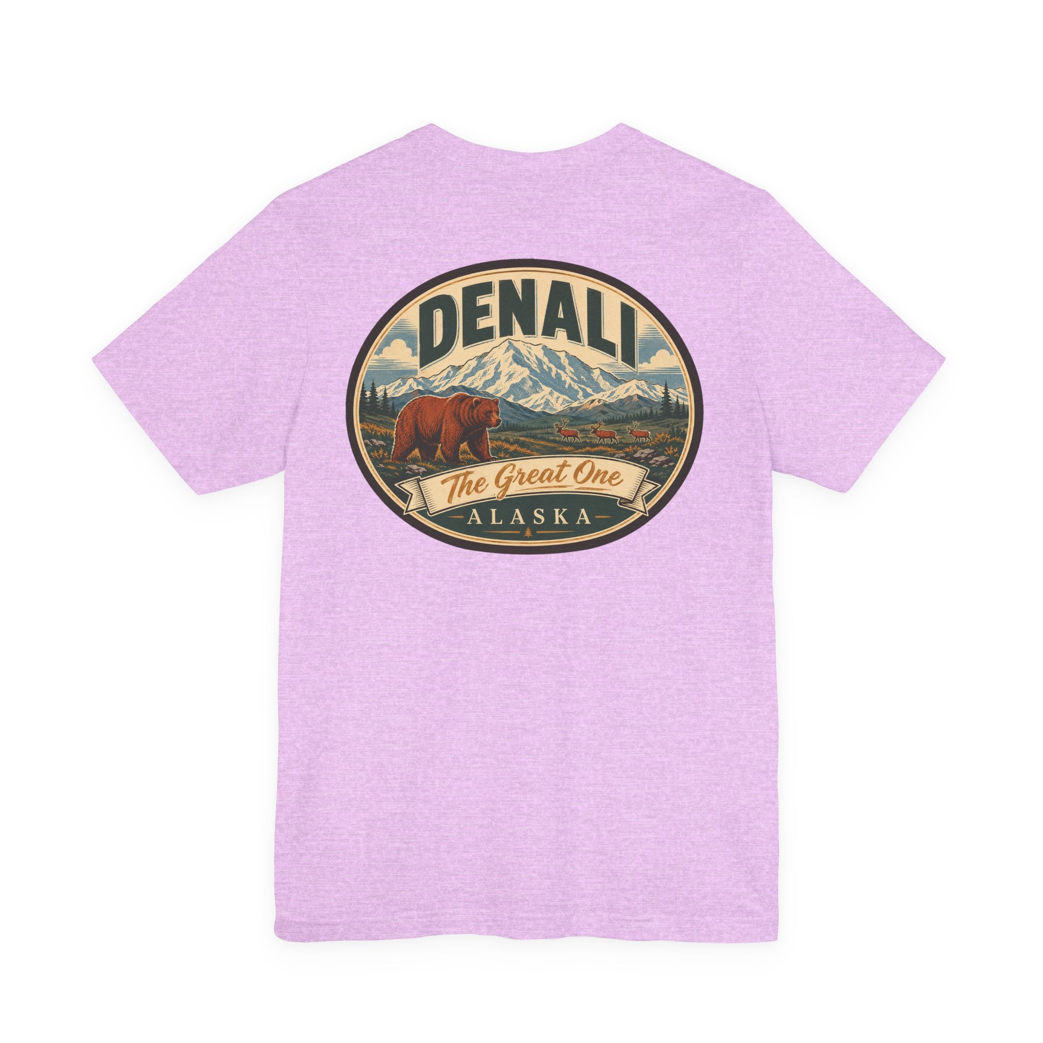 Heathered lilac crew-neck T-shirt with large oval Denali graphic on chest