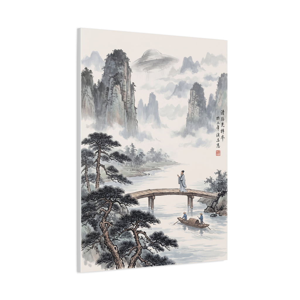 Canvas wall art print with ink-wash mountains, trees, lake bridge, and boats