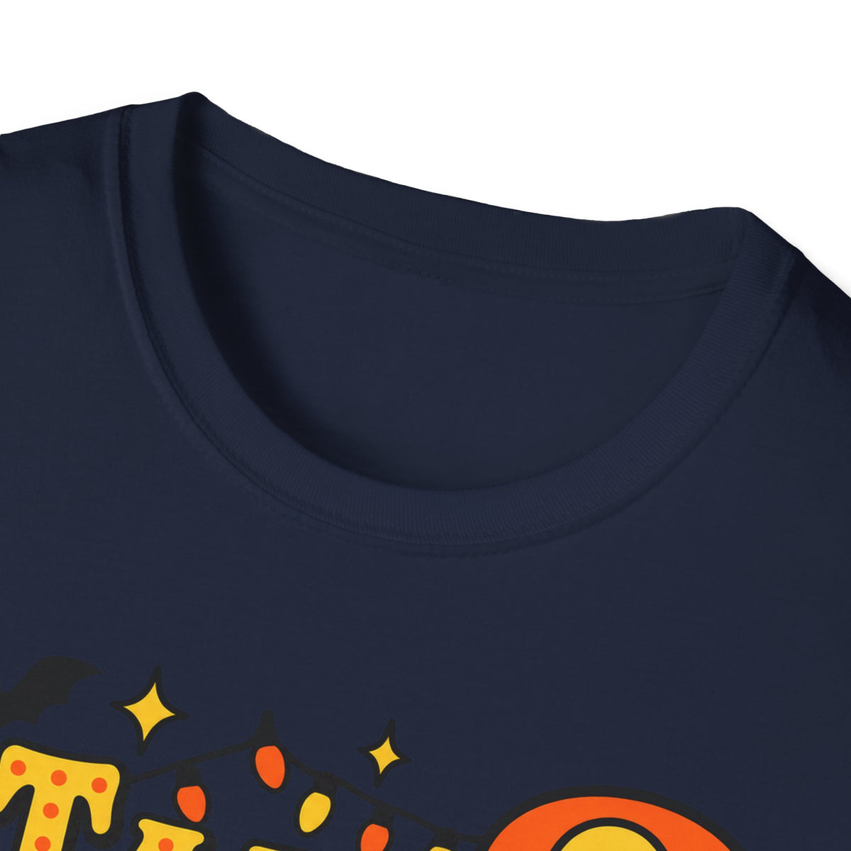 Navy t-shirt neckline, no visible graphic