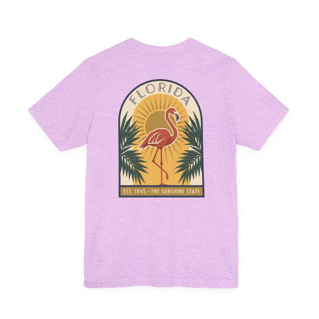 Lavender flamingo art deco T-shirt with Florida badge and palm graphic