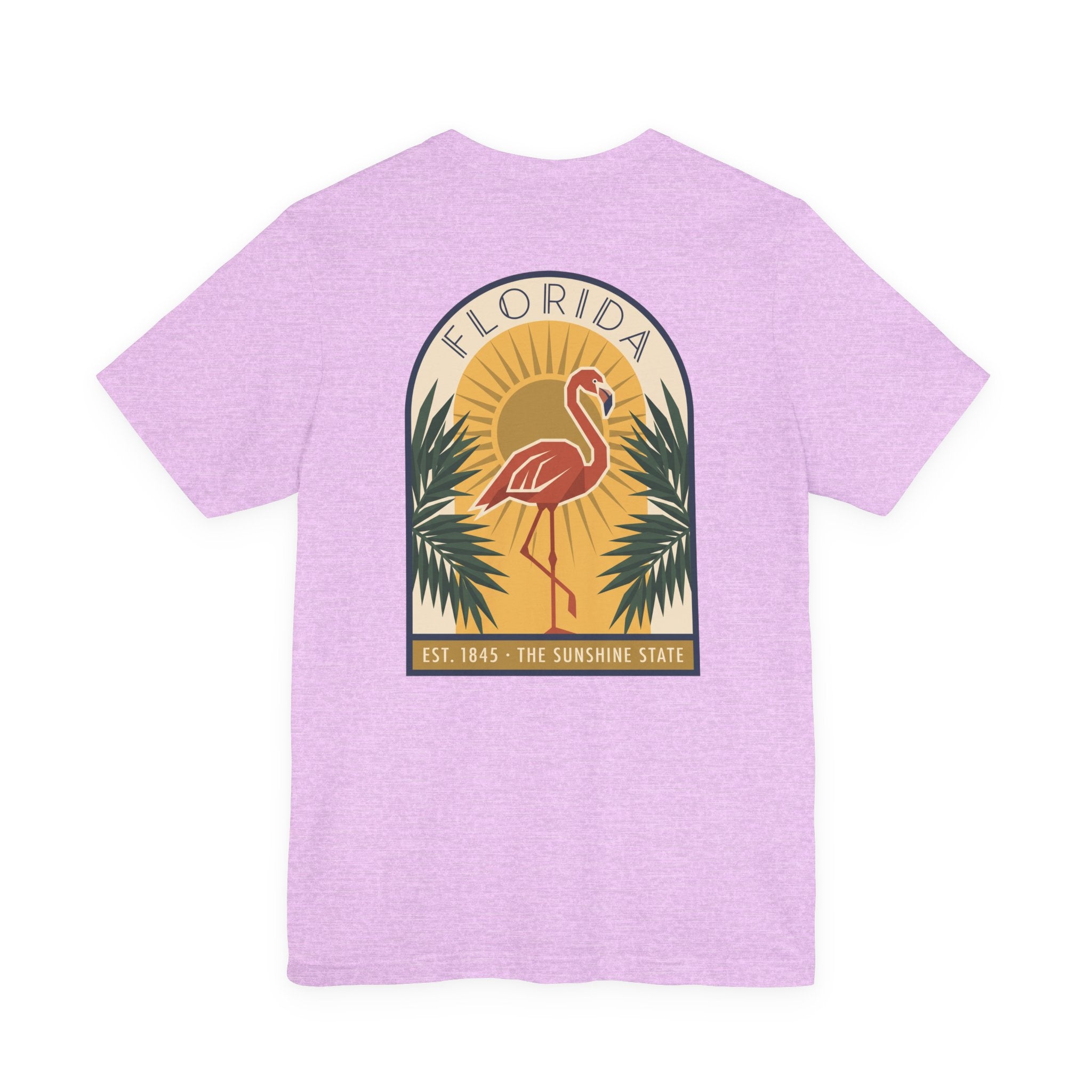 Lavender flamingo art deco T-shirt with Florida badge and palm graphic