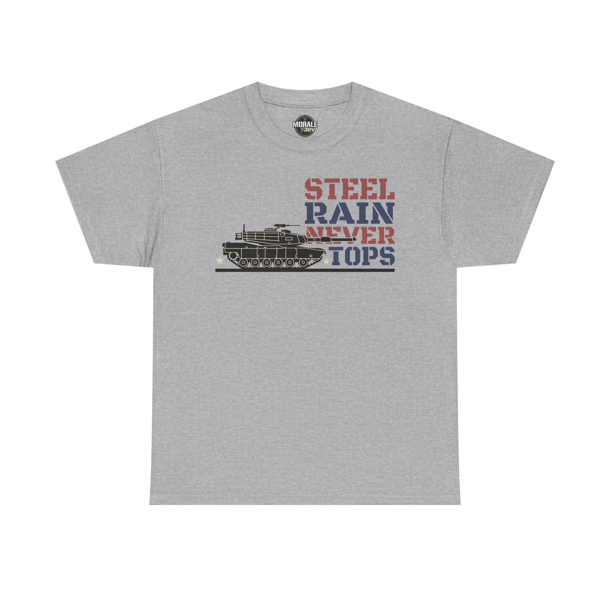 Sport grey crew-neck T-shirt with tank and “Steel Rain Never Tops” graphic on front
