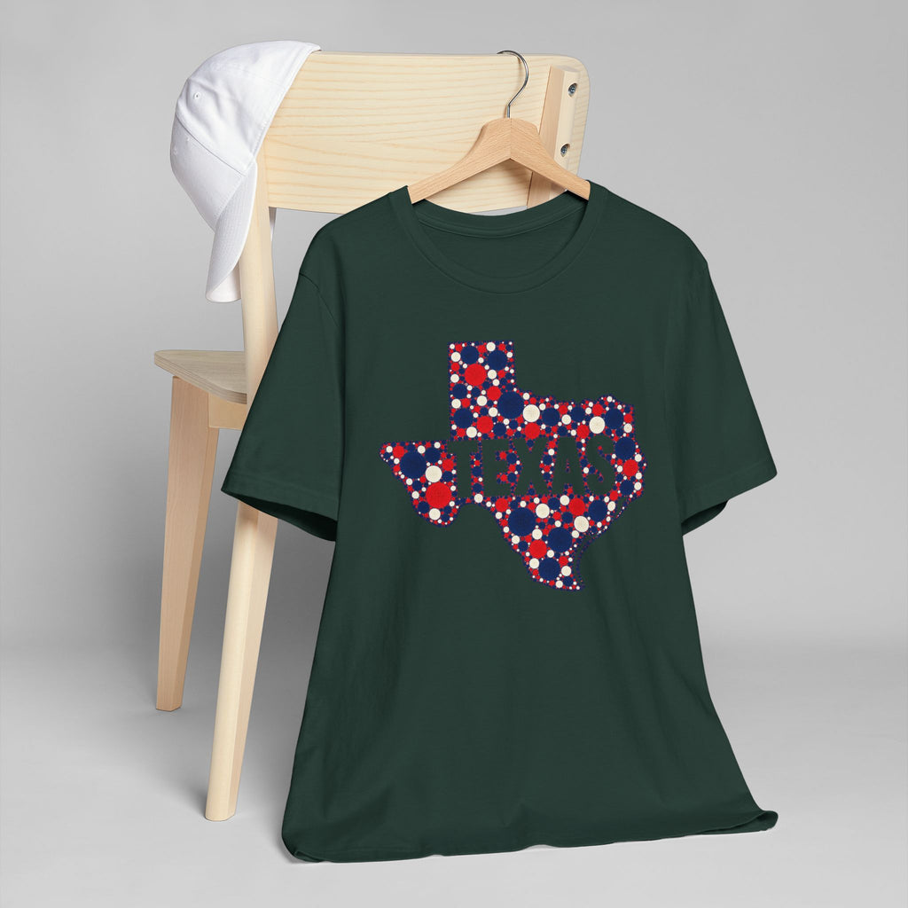 Dark green T-shirt with polka-dot Texas outline graphic in red, white, and blue