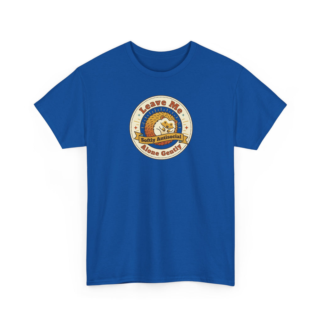 Royal blue crewneck T-shirt with round hedgehog-style graphic on chest