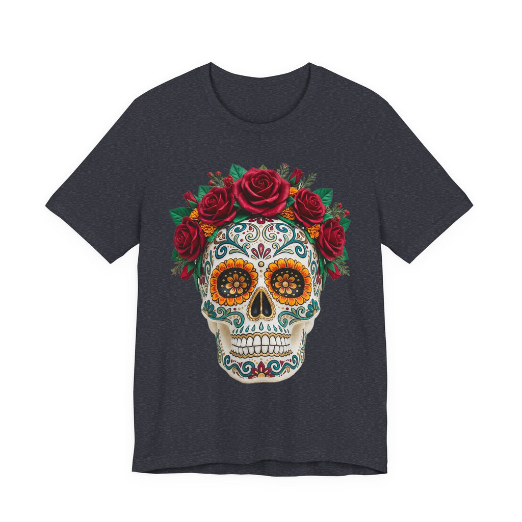 Charcoal T-shirt with sugar skull and red rose crown graphic