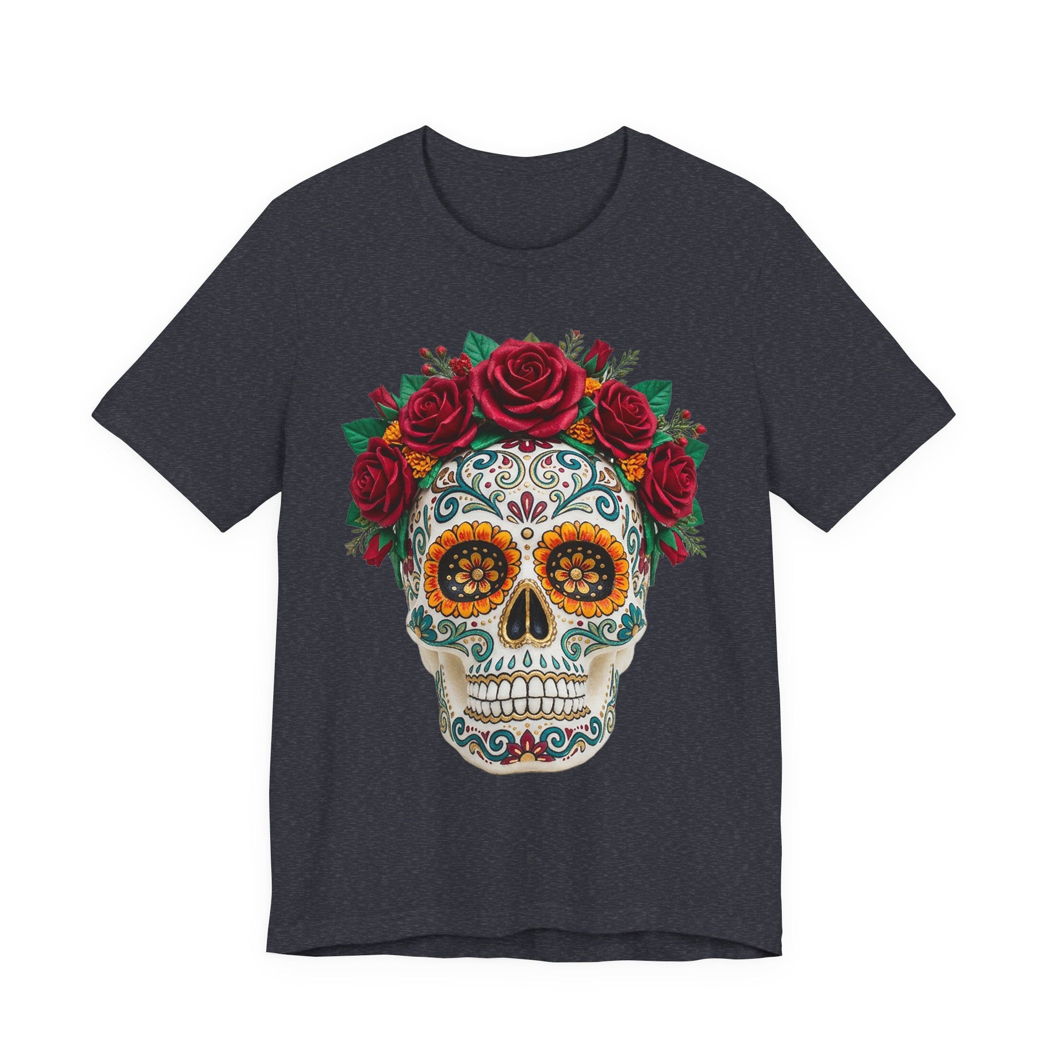 Charcoal T-shirt with sugar skull and red rose crown graphic