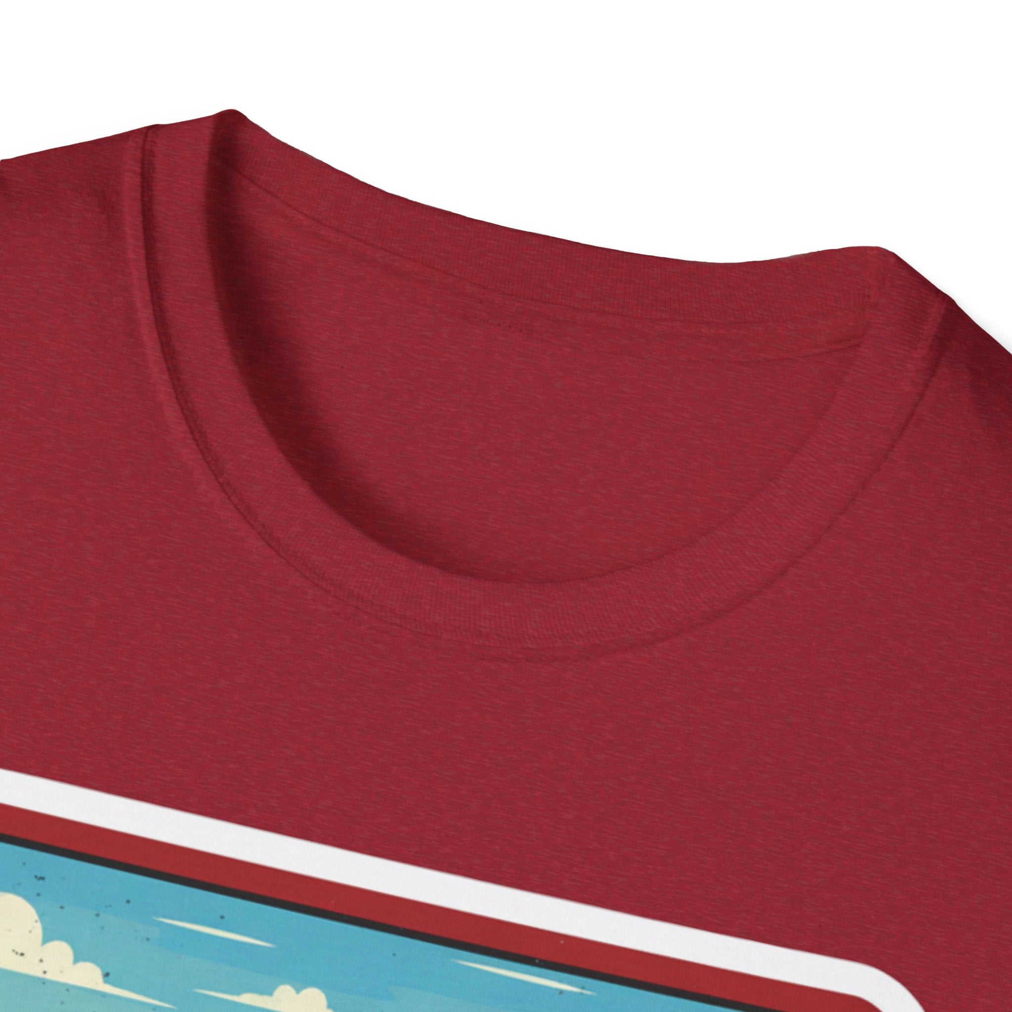 I Am Arkansas T-shirt heather red close-up of neckline with graphic border