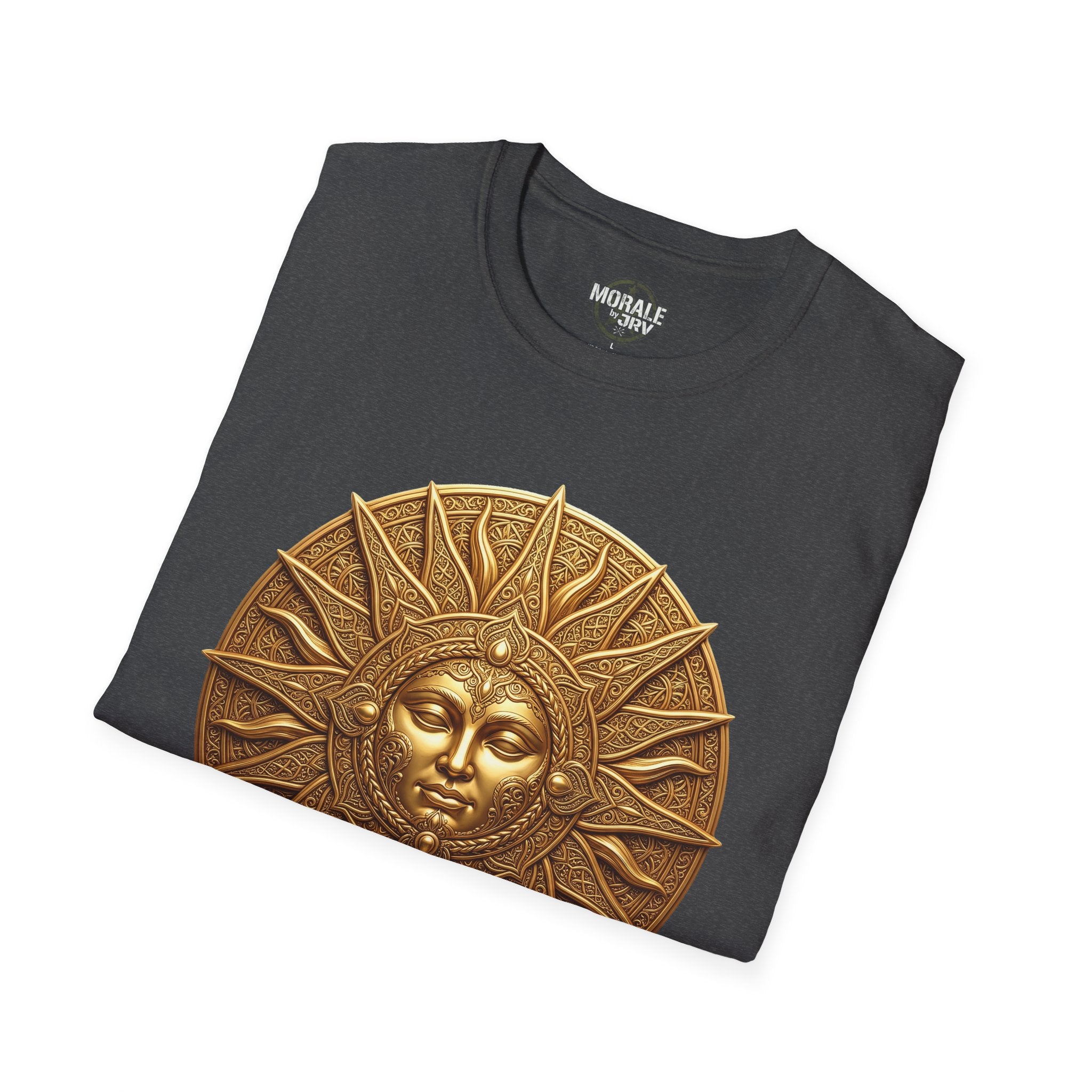 Dark heather T-shirt with bronze sun-face medallion artwork