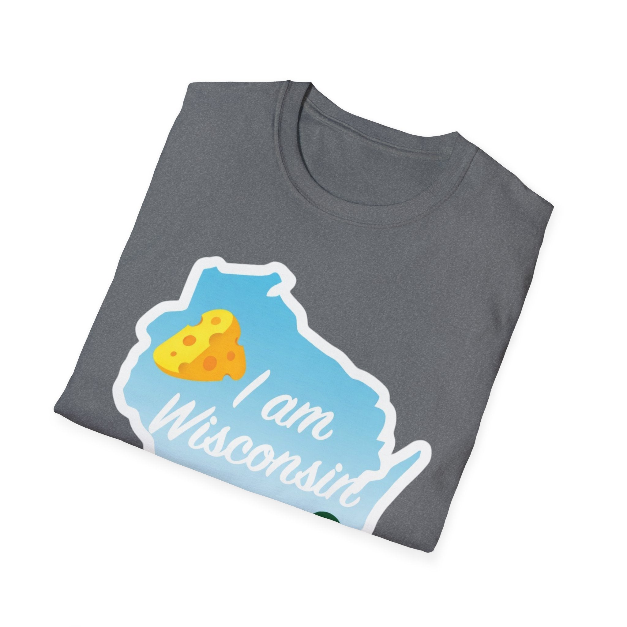 Heather gray T-shirt with Wisconsin outline, cheese and landscape, “I am Wisconsin”