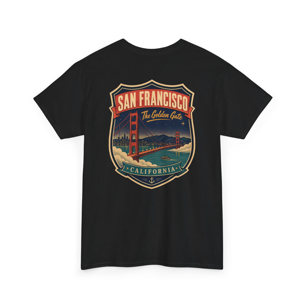 Black T-shirt with San Francisco city luggage tag badge graphic
