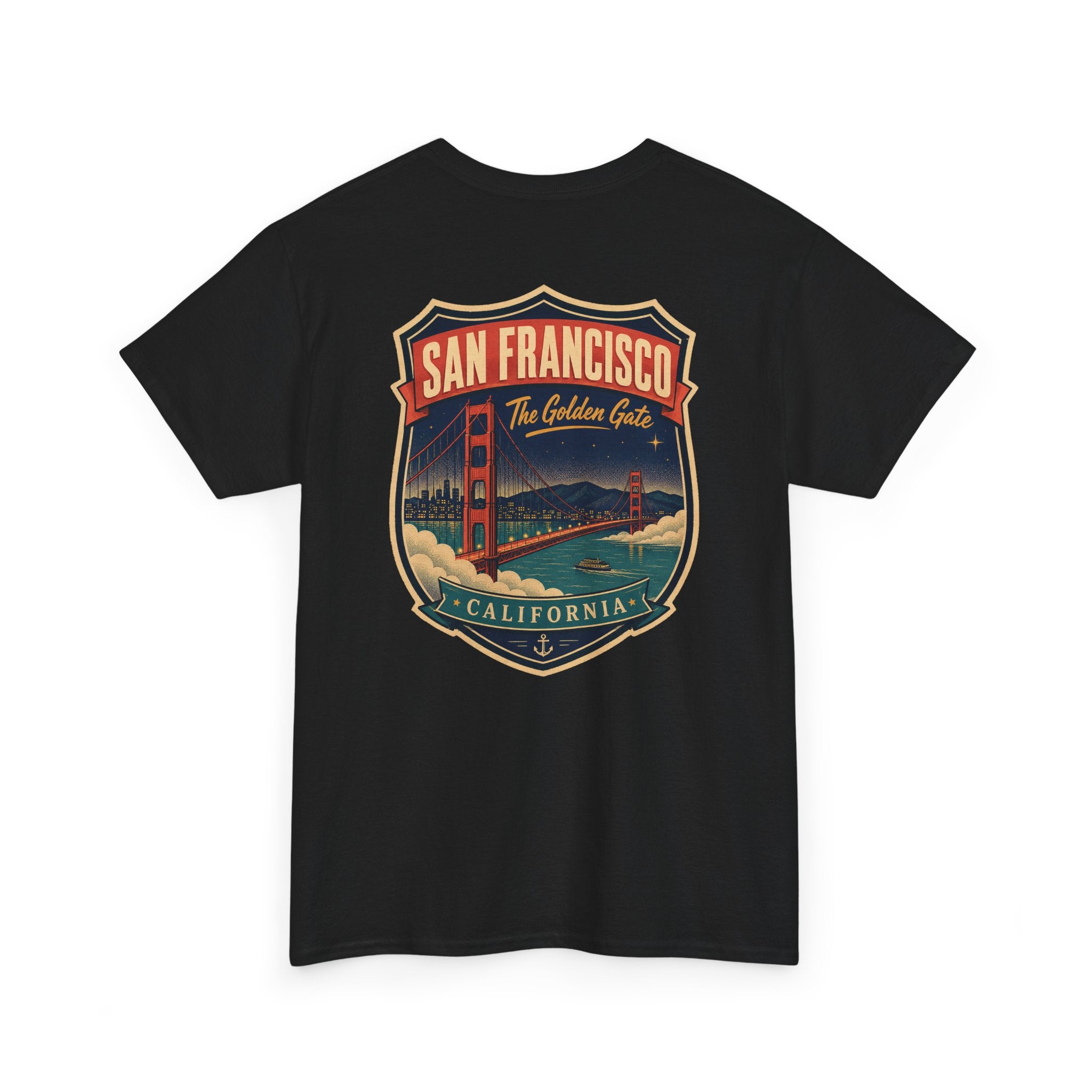 Black T-shirt with San Francisco city luggage tag badge graphic