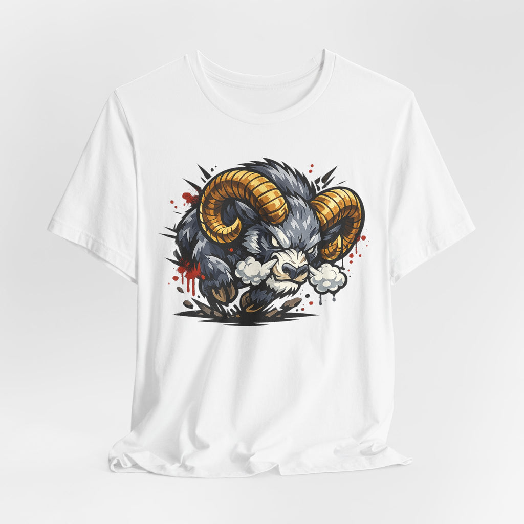 White T-shirt featuring horned ram illustration with splatter details.