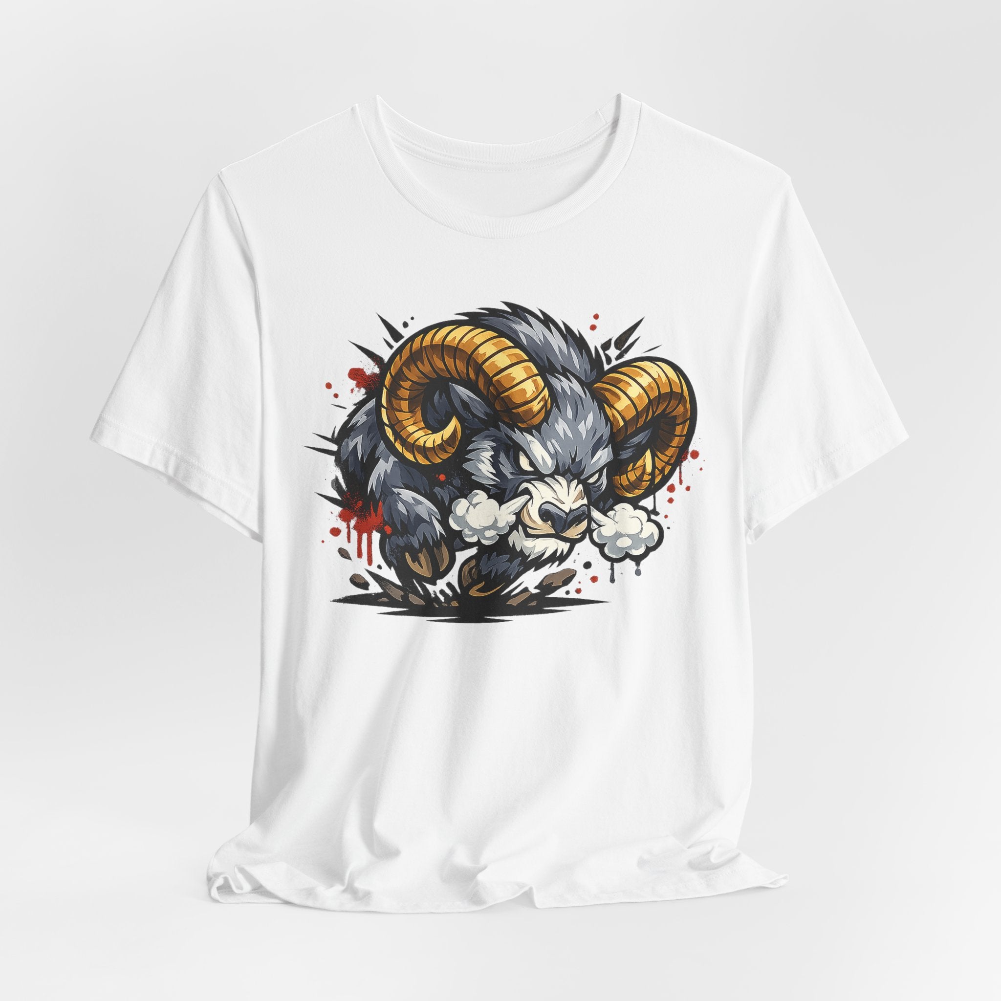 White T-shirt featuring horned ram illustration with splatter details.