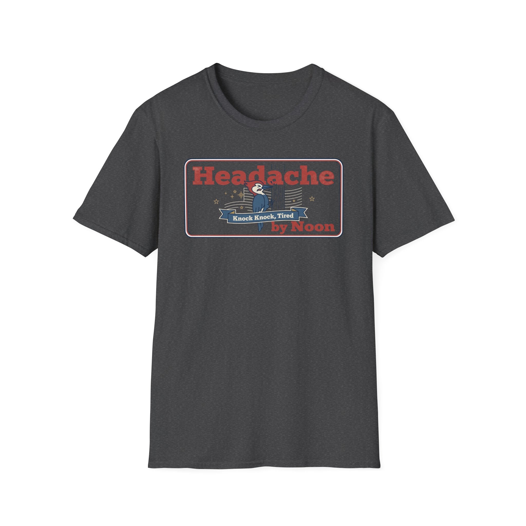 Charcoal gray crewneck t-shirt with red 'Headache by Noon' rectangular graphic