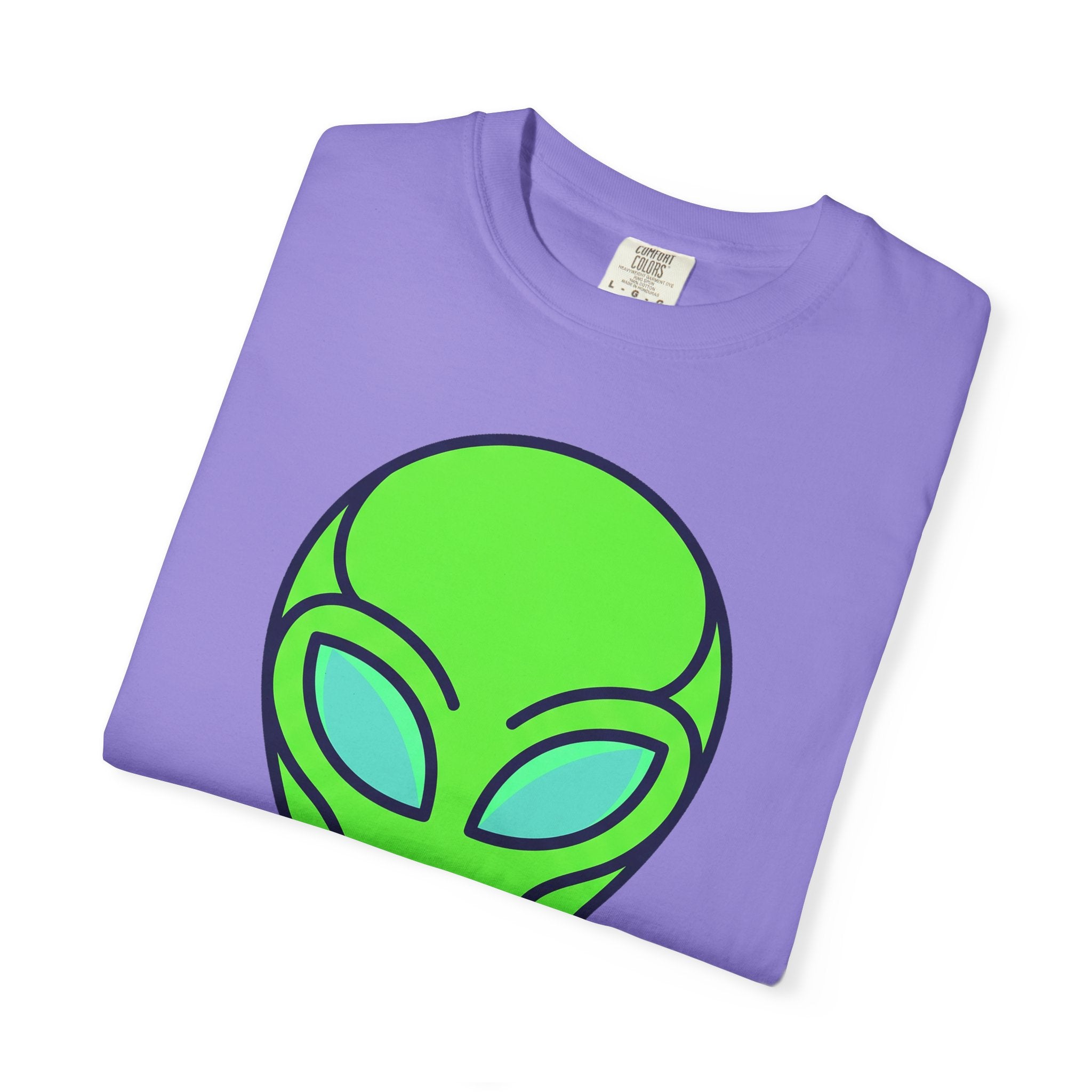 Lavender alien visitor T-shirt with neon green UFO face graphic, crew neck