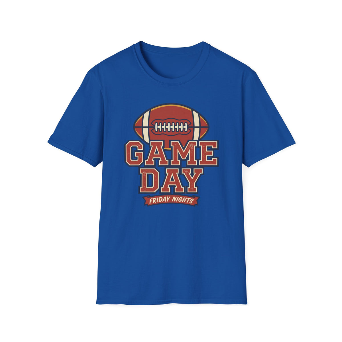 Unisex football graphic tee, royal blue, front “Game Day” football graphic