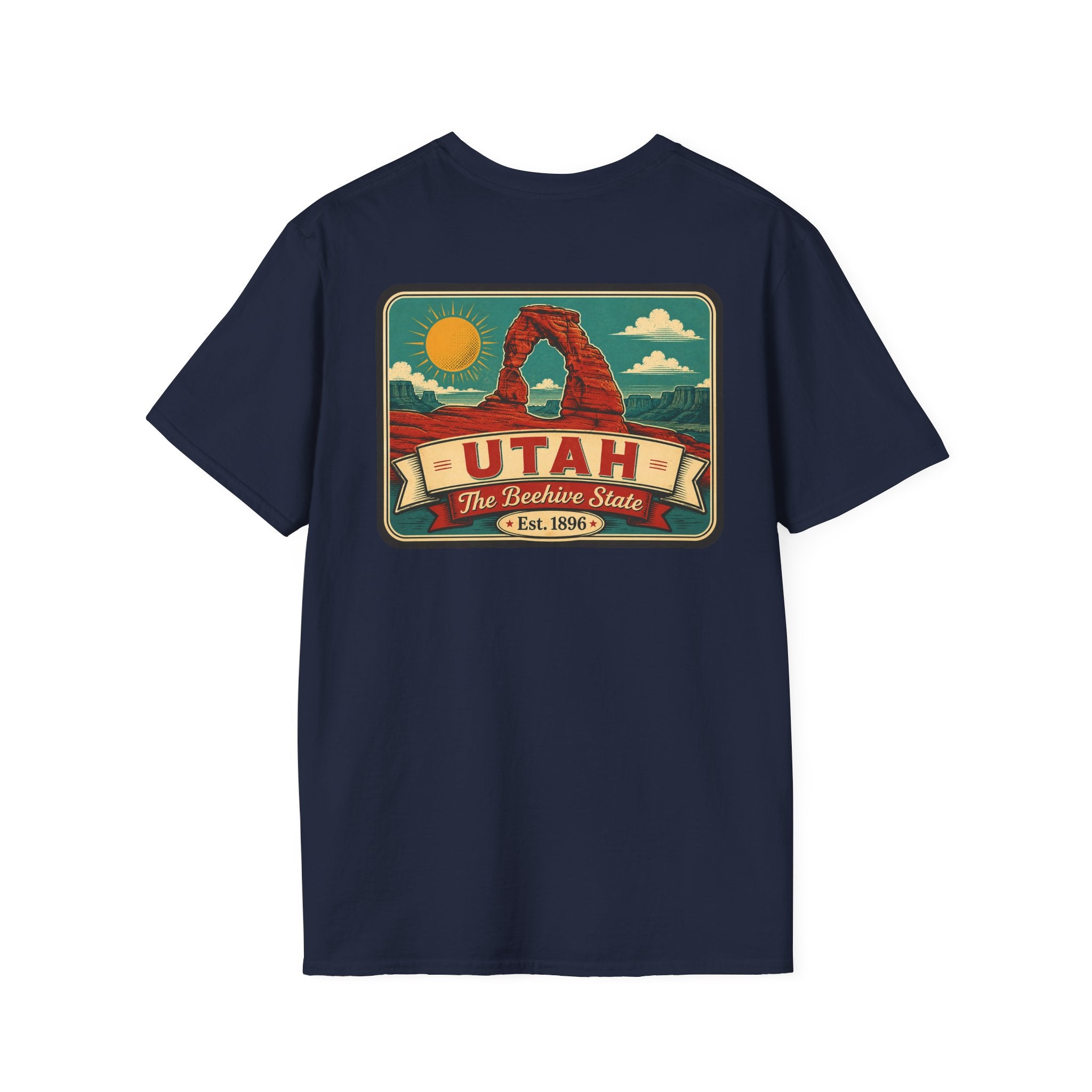 Navy crewneck T-shirt with Utah travel badge graphic on the front