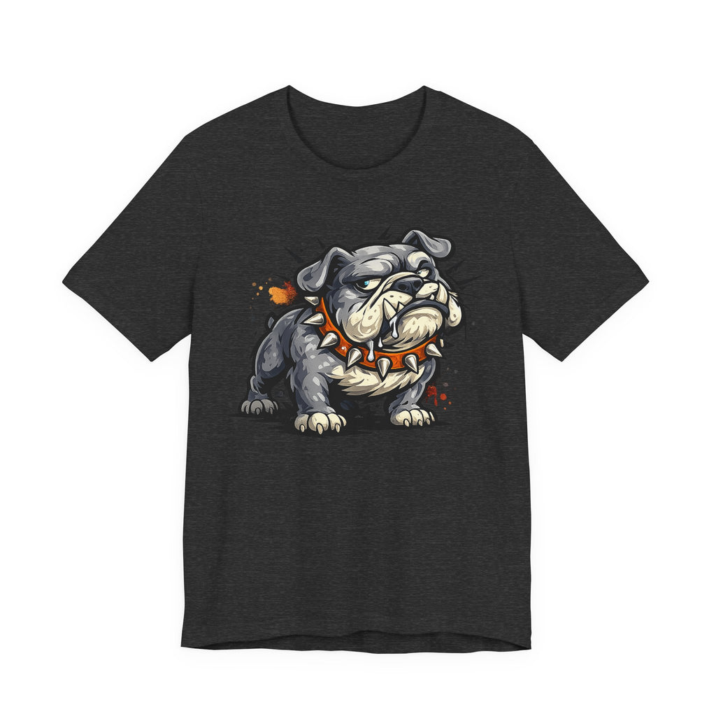 Dark gray bulldog graphic T-shirt with snarling cartoon dog illustration