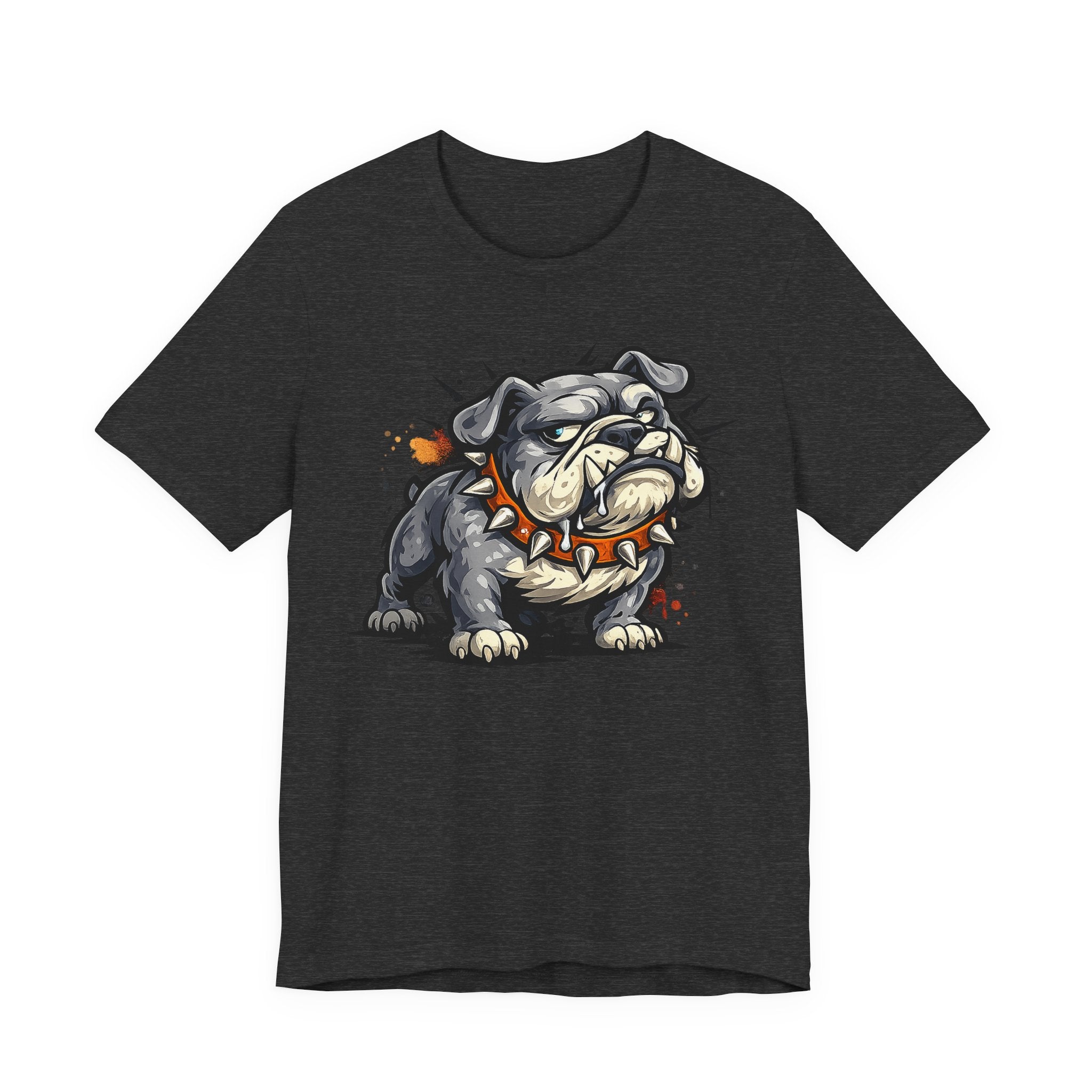 Dark gray bulldog graphic T-shirt with snarling cartoon dog illustration