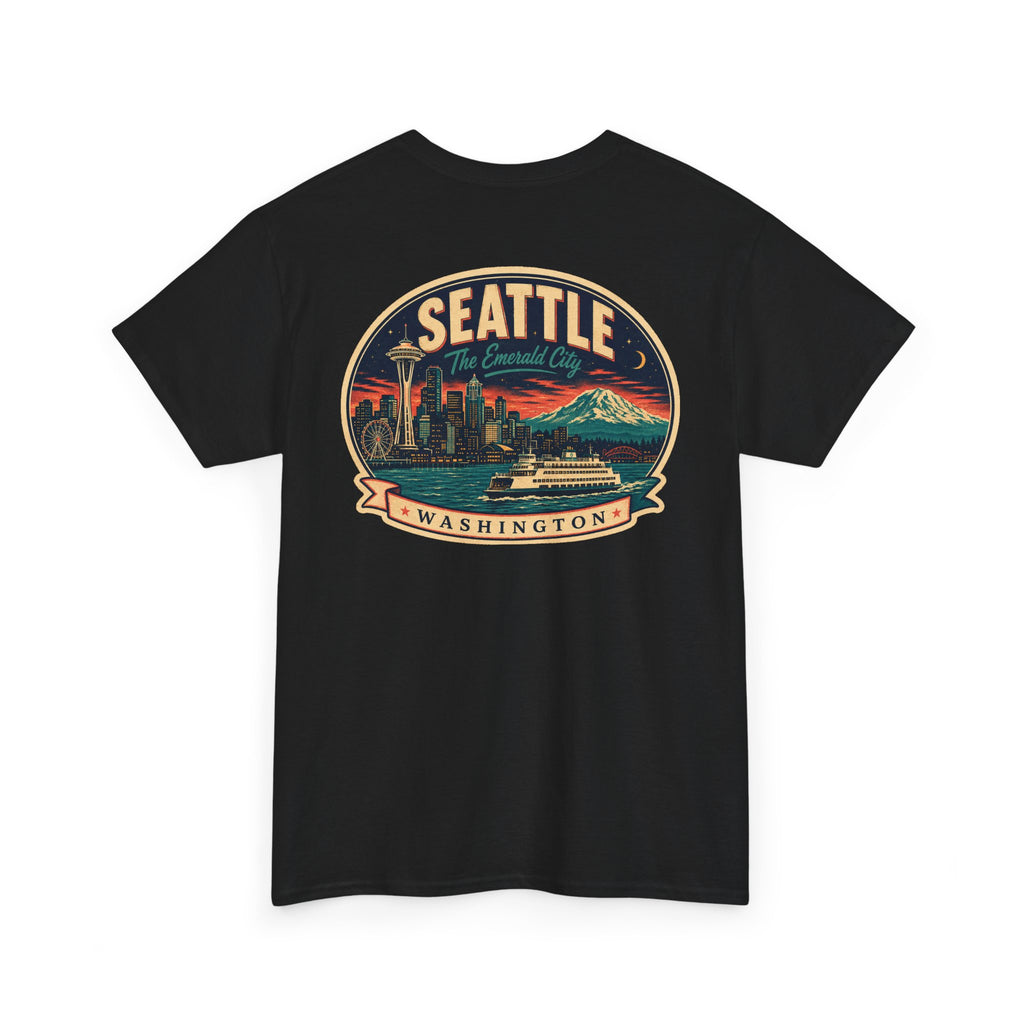 Black Seattle logo T-shirt with retro skyline badge graphic