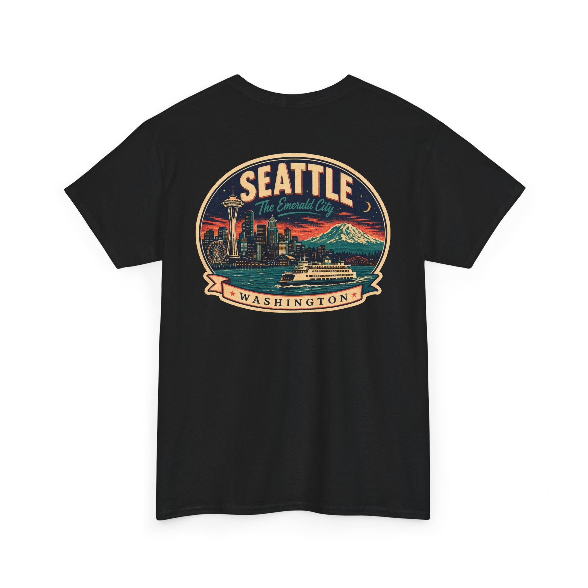 Black Seattle logo T-shirt with retro skyline badge graphic